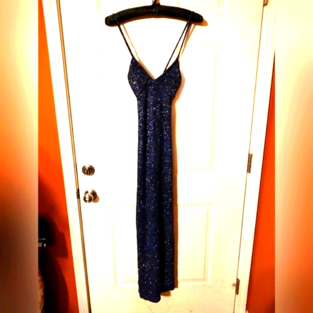 💋 Stunning Vtg 90's Sparkling Midnight Black Blue & Silver Evening Gown - 6